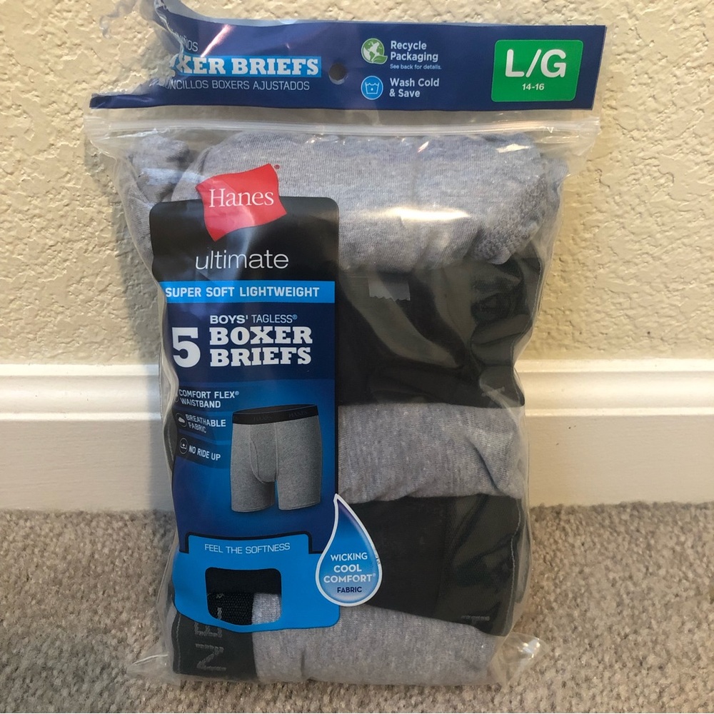 SOLD Boys Hanes Tagless Boxer Briefs 5 Pack, Large 14-16
